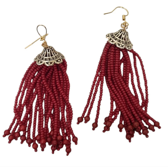 18k Gold Plated Red Tassel Fringe Chandelier Cap Earrings - Picture 1 of 3